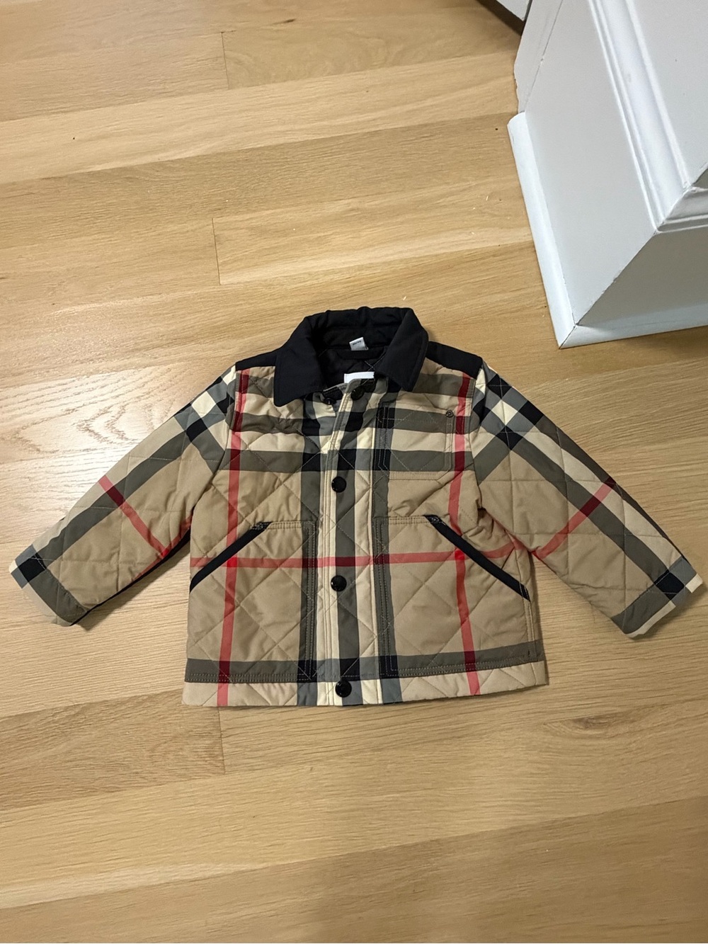 Burberry Beige Plaid Quilted Jacket with Black Collar and Red Accents